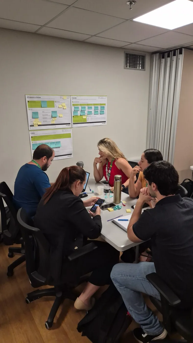 Time reunido em volta da mesa durante imersão prática, com os canvas O Problema e a Pessoa, A Jornada e A Ideia na parede